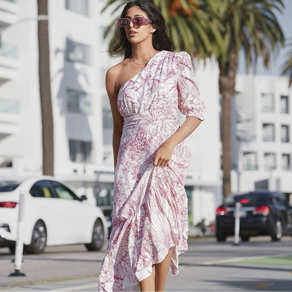 Express Dresses & Skirts - Express • Printed One Shoulder Puff Sleeve Ruffle Hem Midi Dress Size Medium